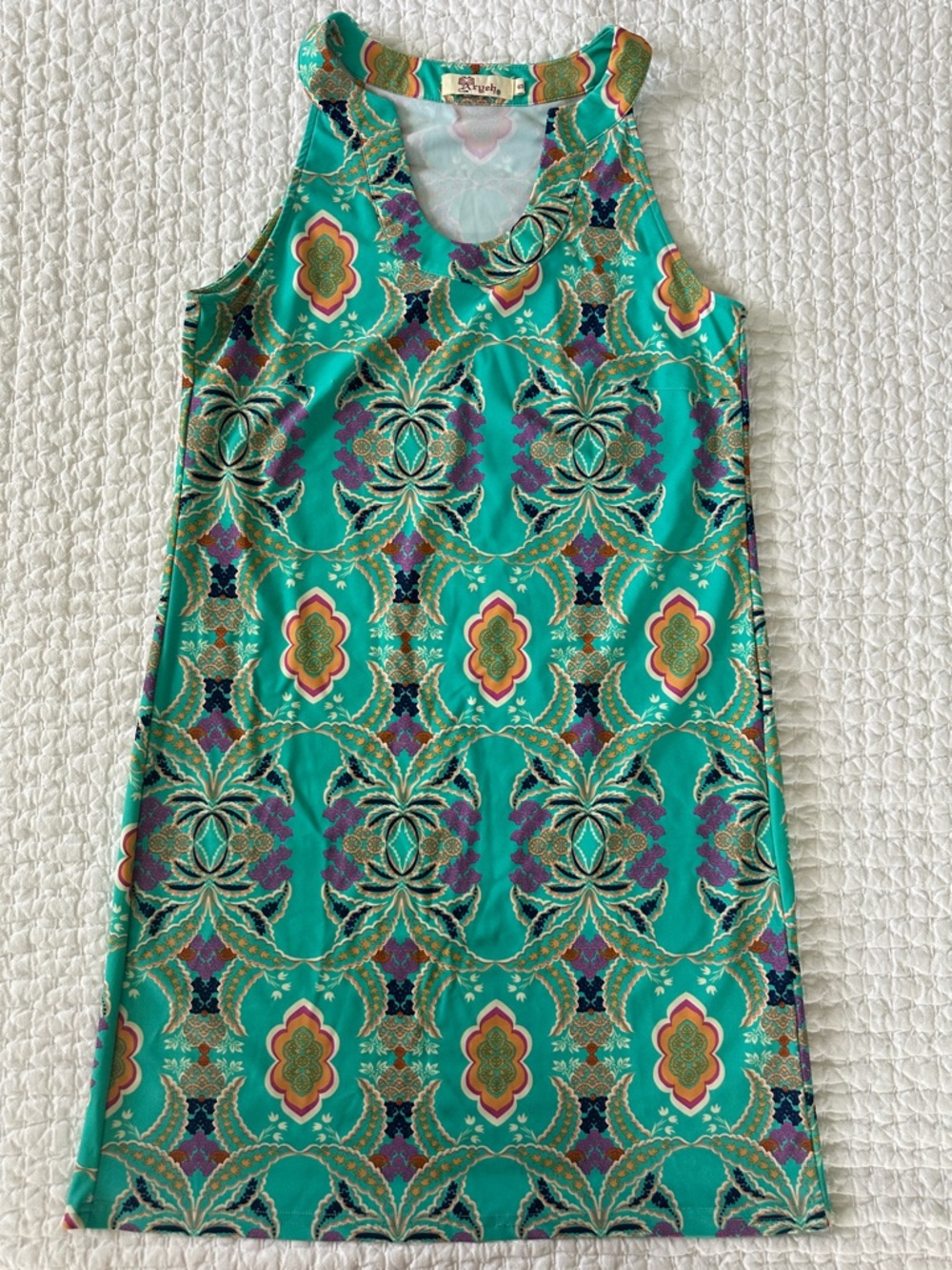 Green Patterned Sleeveless Shift Dress